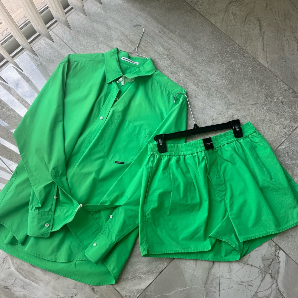 Alexander Wang Bright Green Women's Athletic Shorts and Button down Top set
